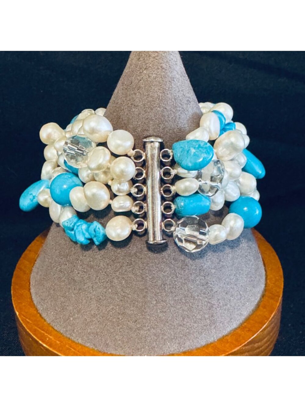 VTG Pearl & Turquoise Nugget 5 Strand Bracelet Sterling Silver Tube Clasp 7.5"